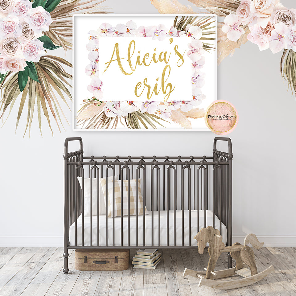 Boho Tropical Baby Name Crib Wall Art Print Blush Nursery Zoo Girl Roo
