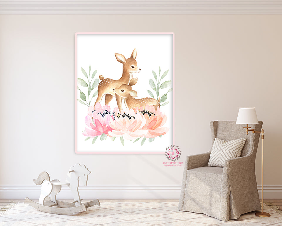 2 Boho Deer Wall Art Print Blush Fawn Woodland Nursery Baby Girl Room ...