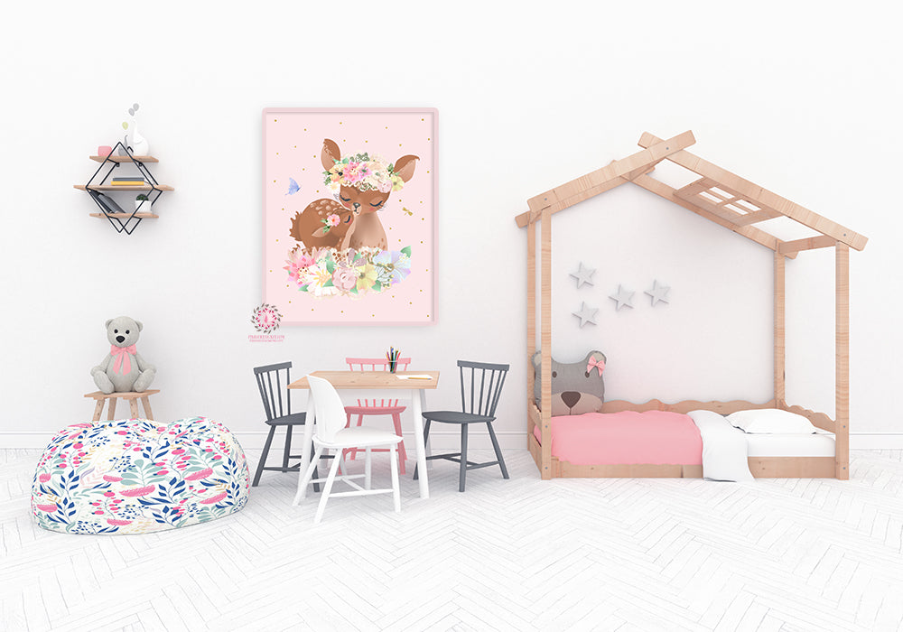 Ethereal Deer Baby Girl Nursery Wall Art Print Boho Floral Pink Whimsi ...