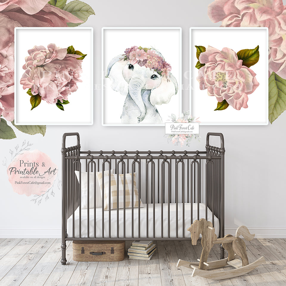 Boho Elephant Wall Art Print Dusty Rose Mauve Nursery Baby Girl Room