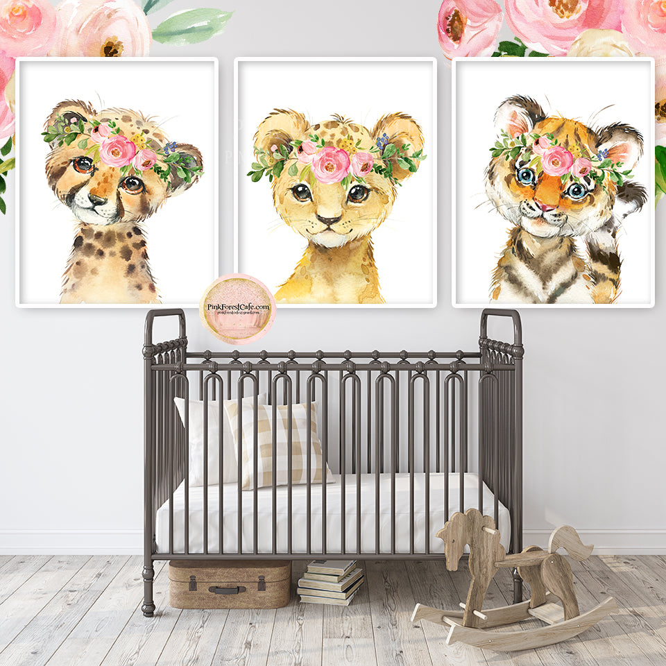 Boho Tiger Lion Cheetah Wall Art Print Nursery Baby Girl Zoo Animal