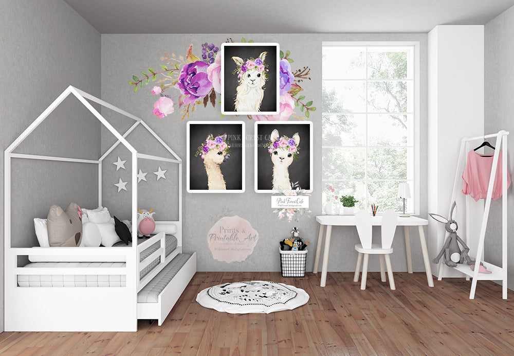 Boho Blush Llama Alpaca Wall Art Print Nursery Baby Girl Room Purple