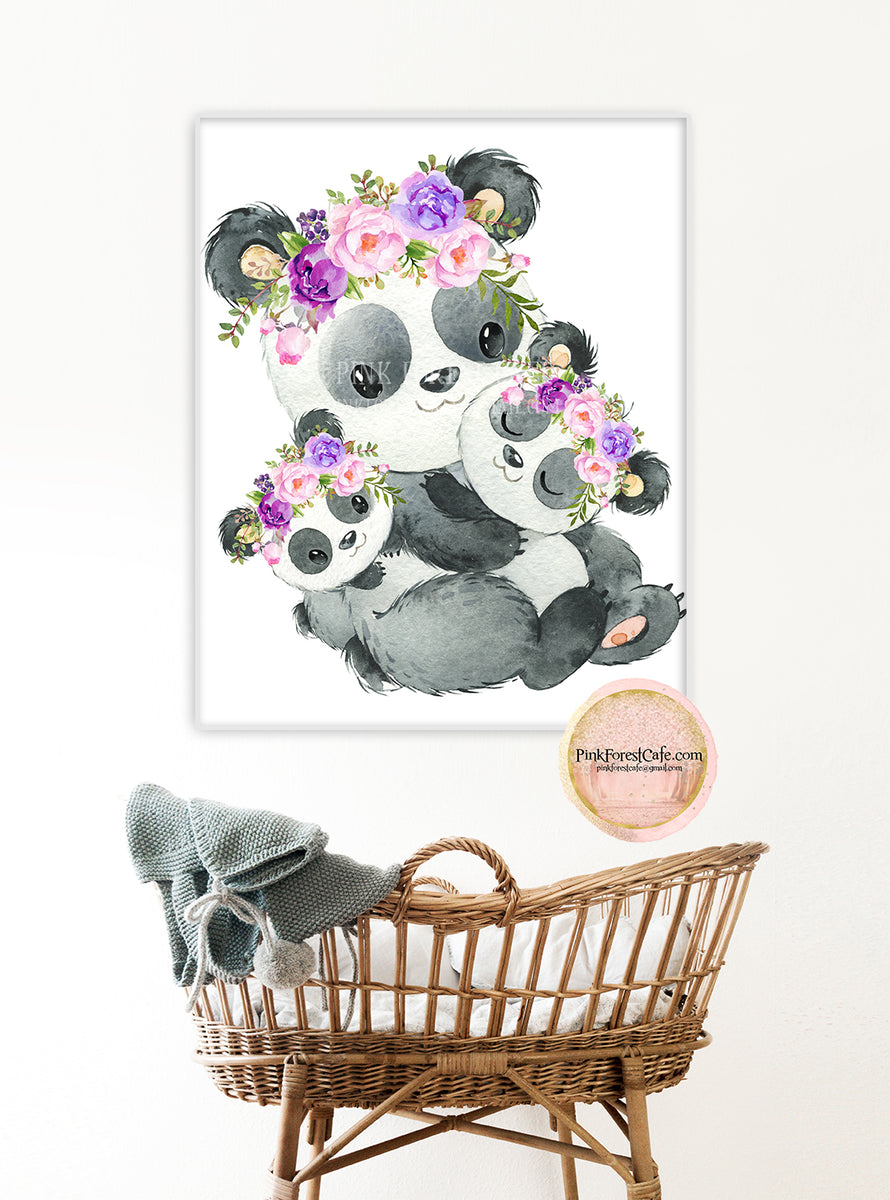 Purple Panda Bear Wall Art Print Peony Nursery Baby Girl Room Watercol ...