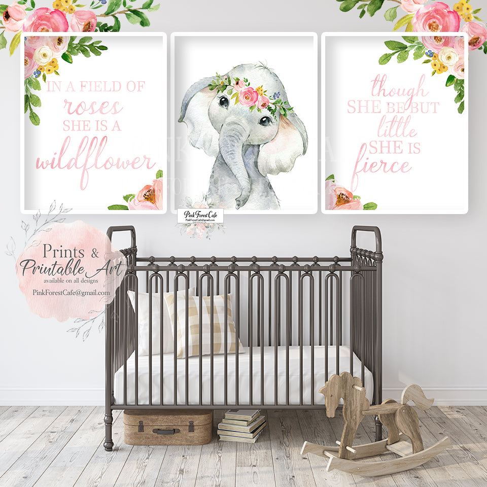 Boho Elephant Wall Art Print She Is Fierce Wildflower Nursery Baby G