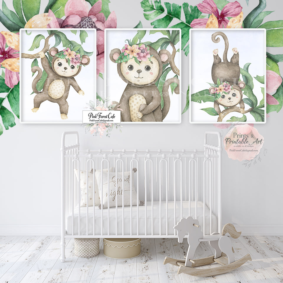 3 Boho Monkey Wall Art Print Floral Tropical Nursery Zoo Baby Girl Roo –  Pink Forest Cafe, image size:960x960