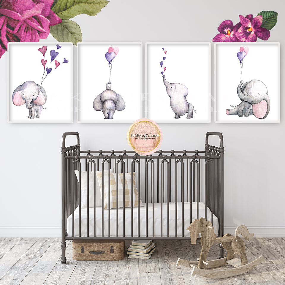 Boho Elephant Wall Art Print Balloons Nursery Baby Girl Room