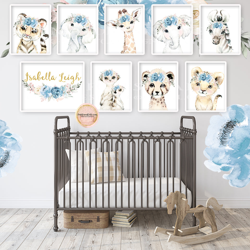 10 Boho Blue Blush Zoo Elephant Meerkat Wall Art Print Baby Girl