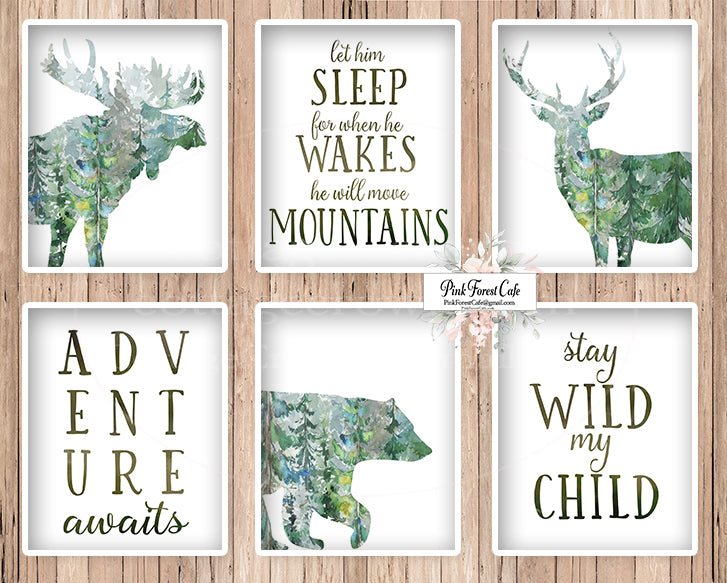 Woodland Boy Wall Art Print Forest Pine Trees Nursery Baby Room Set