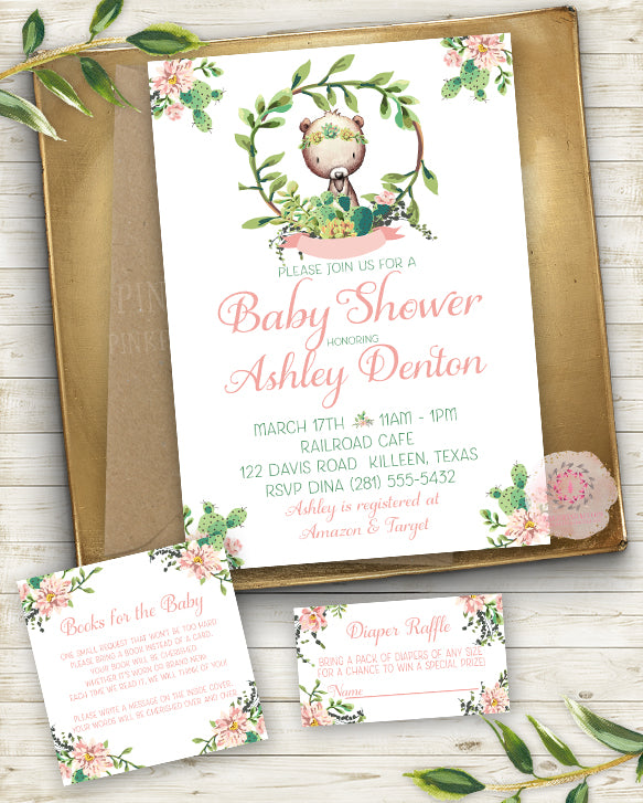 succulent birthday invitations Cactus Succulent Woodland Bear Invite Invitation Baby Shower Diaper Ra – Pink Forest Cafe
