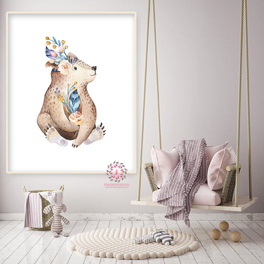 Boho Bear Baby Girl Nursery Wall Art Print Ethereal Whimsical Bohemian