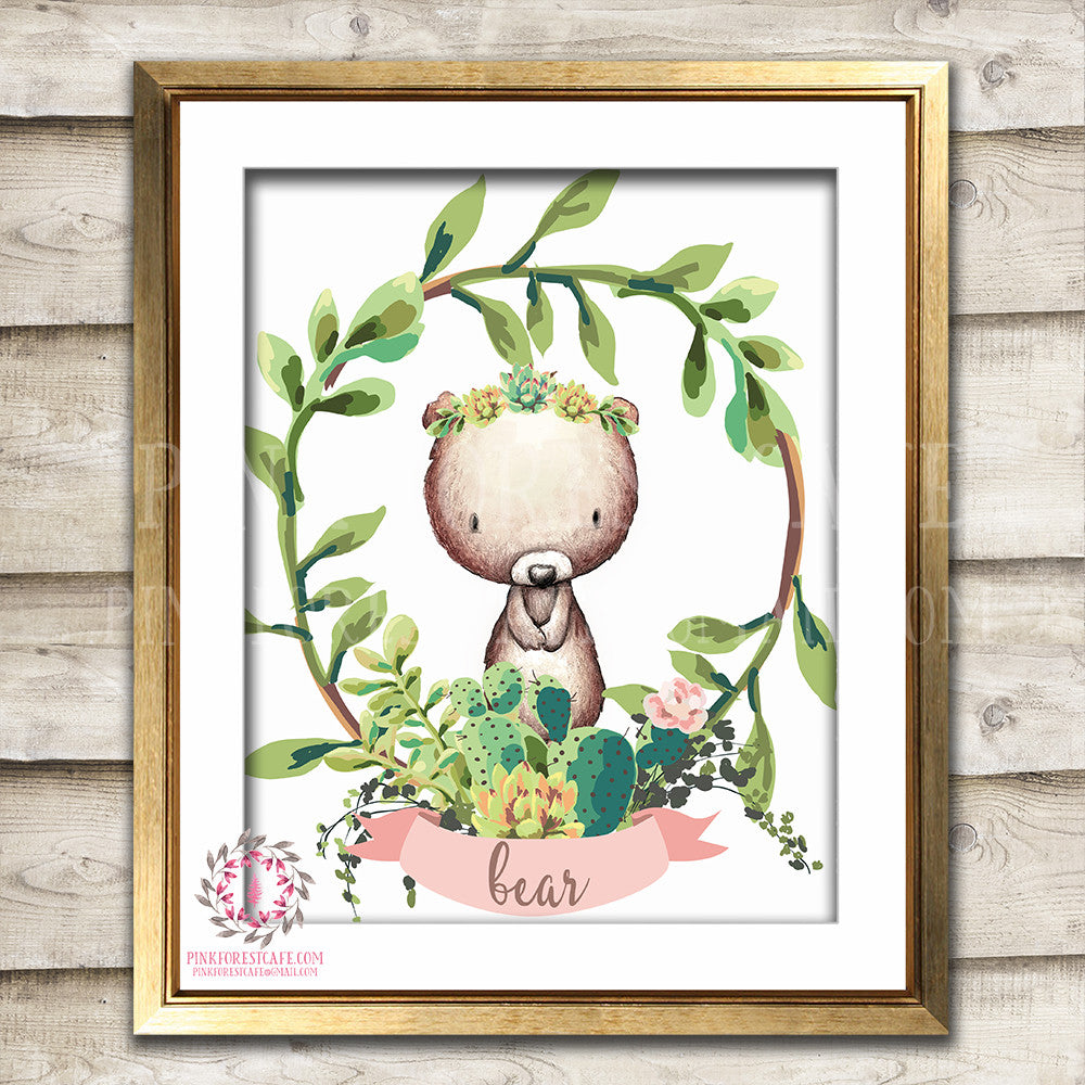 succulent nursery decor Boho Cactus Succulent Woodland Bear Bohemian Nursery Baby Girl Room Pr