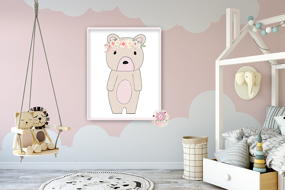 Exclusive Boho Woodland Bear Wall Art Print Watercolor Baby Girl