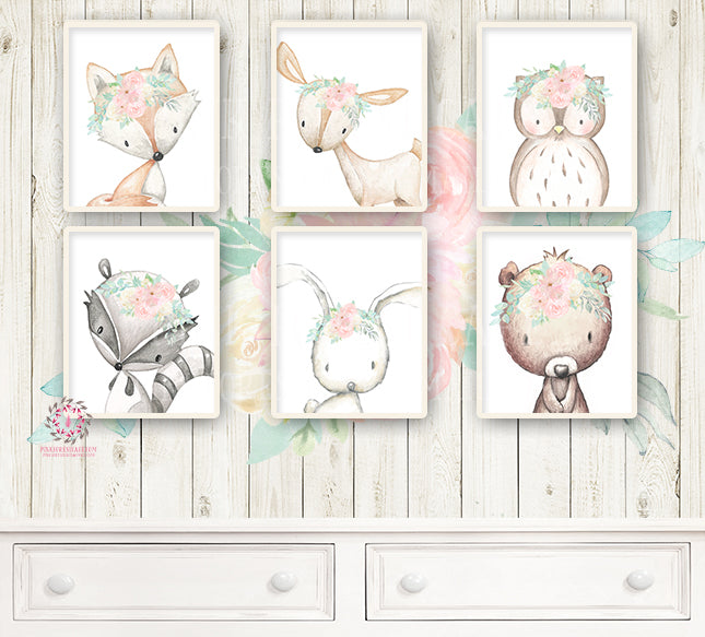 6 Deer Fox Bunny Rabbit Bear Wall Art Print Owl Raccoon Boho Woodland ...