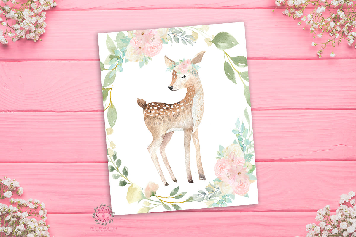 Blush Mint Deer Boho Woodland Wall Art Print Floral Nursery Baby Girl ...