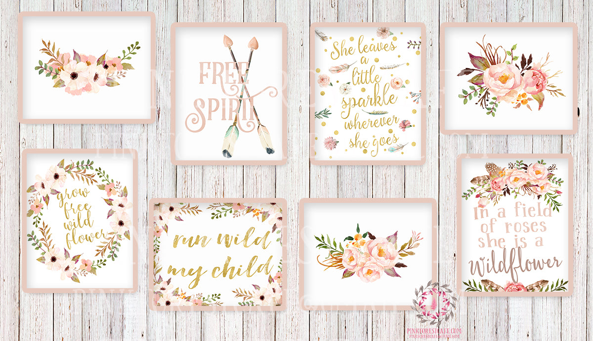 Lot of 8 Boho Wall Art Prints Woodland Nursery Baby Girl Room Set Prin ...