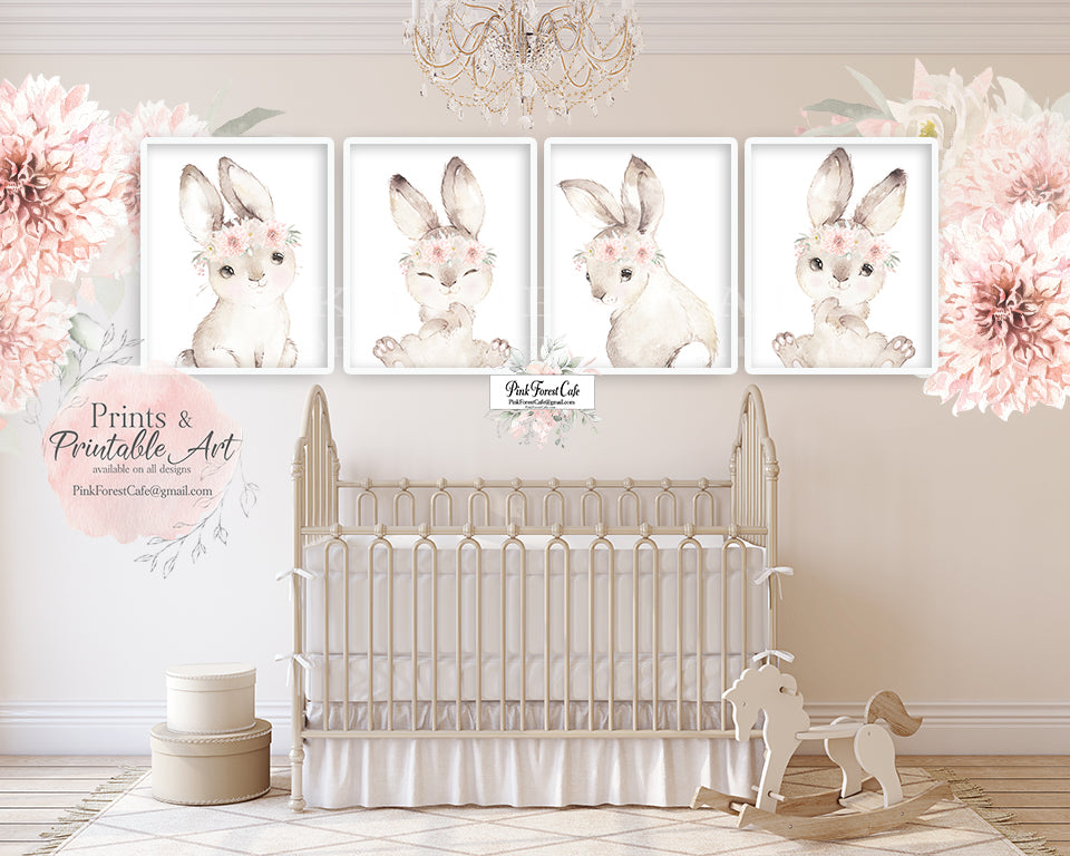 Boho Bunny Rabbit Wall Art Print Woodland Blush Nursery Baby Girl Ro