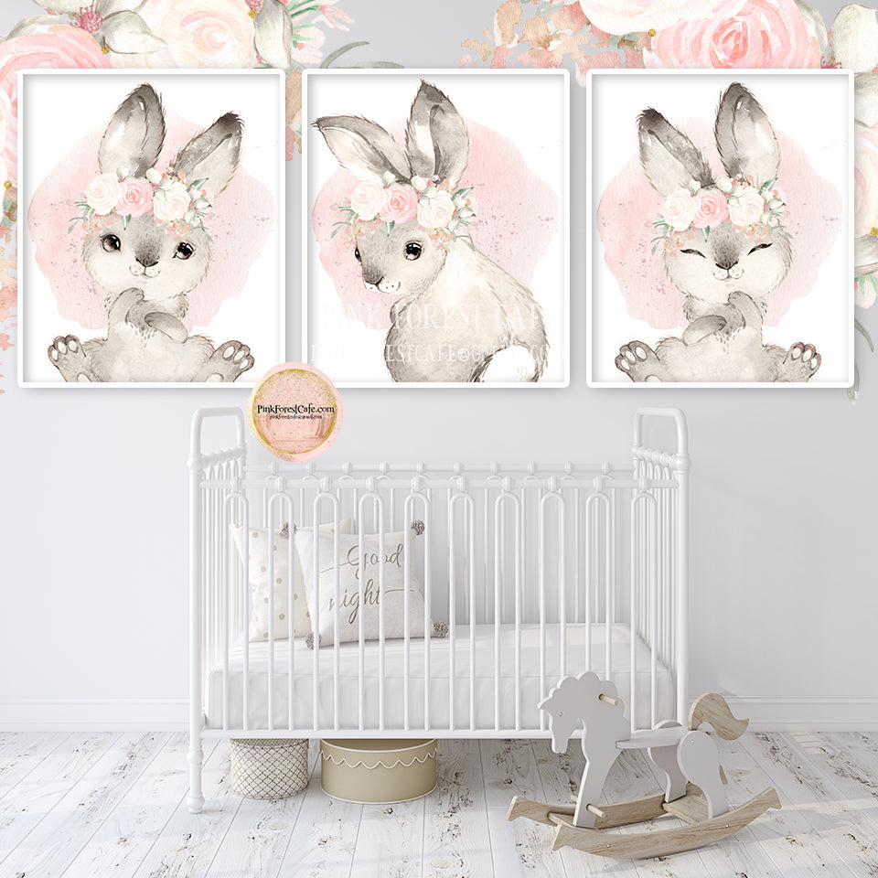 Boho Bunny Rabbit Wall Art Print Woodland Blush Cream Nursery Baby G