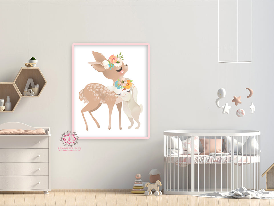 Boho Deer Bunny Rabbit Baby Girl Nursery Wall Art Print Ethereal Whims ...
