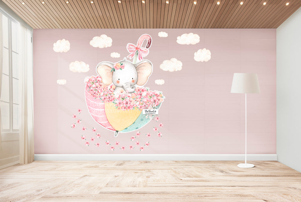 30" Elephant + 16" Clouds + 20" Flowers Wall Decal Sticker Wallpaper Watercolor Decals Set Baby Nursery Art Decor