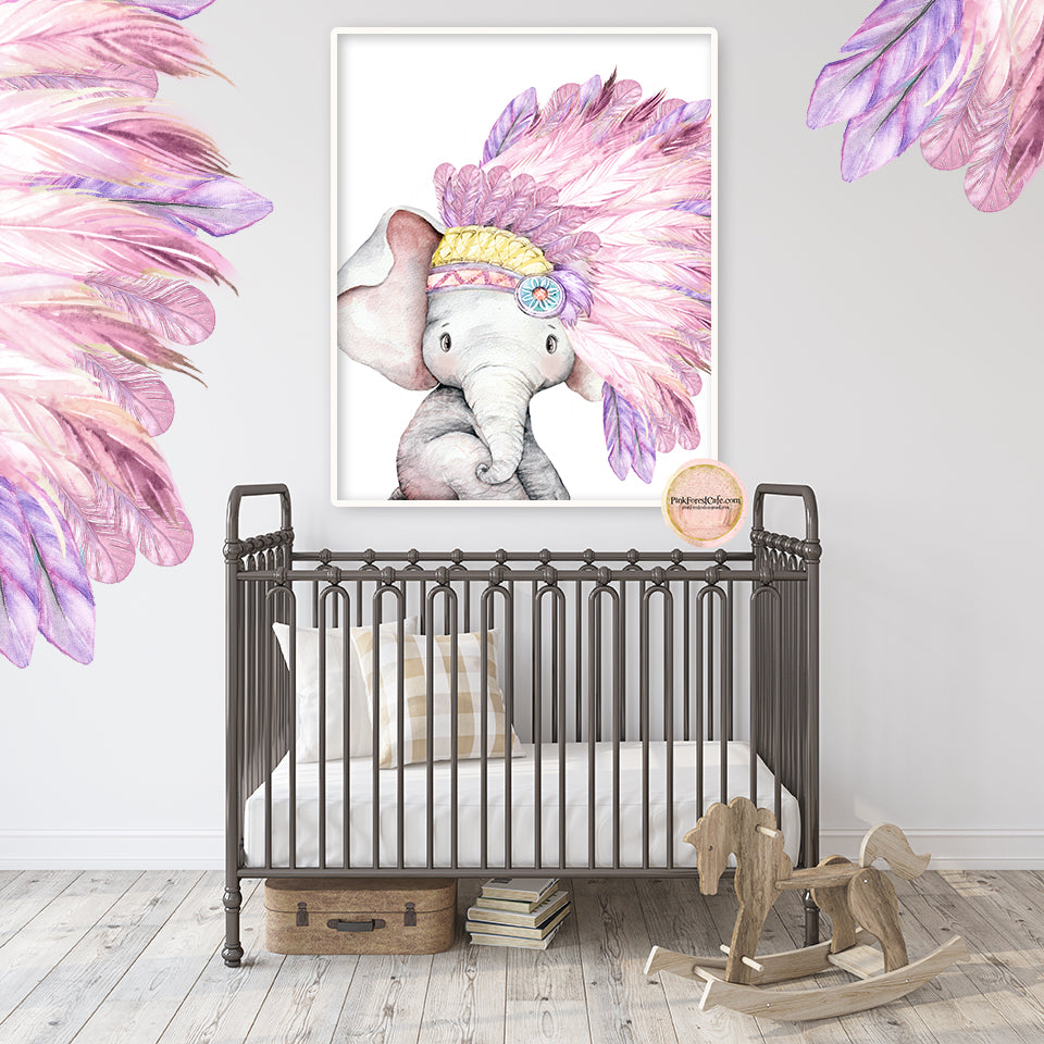 Boho Elephant Wall Art Print Baby Girl Nursery Pink Purple Feathers He, image size:960x960