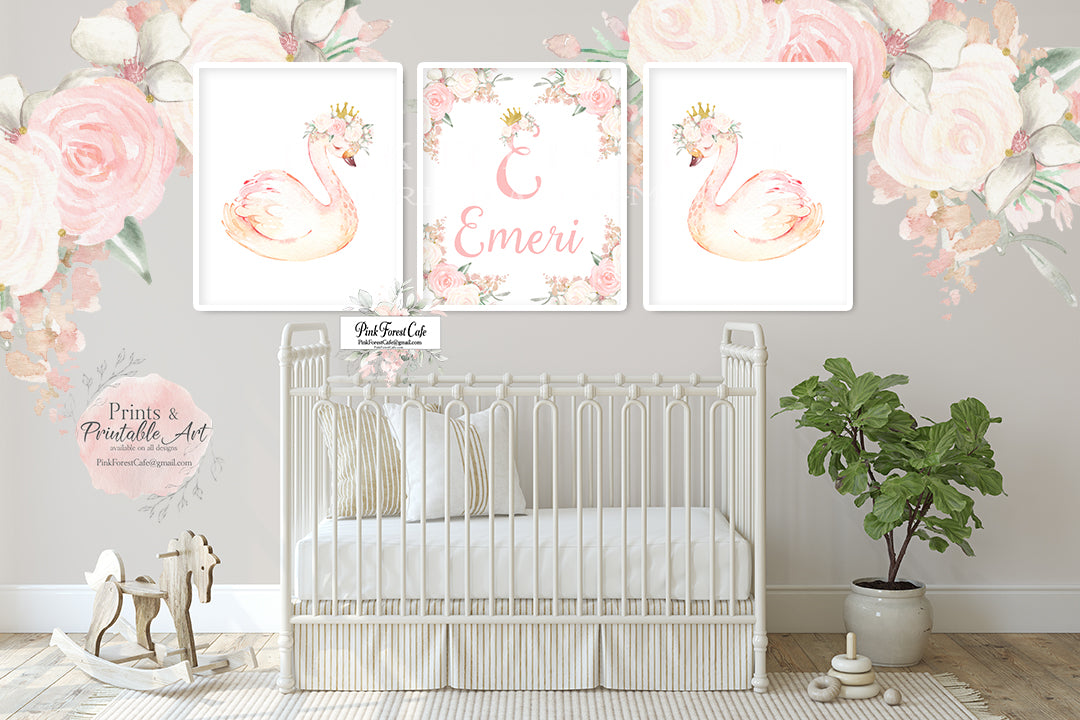 3 Boho Swan Peonies Wall Art Print Ethereal Pink Gold Crown Baby Name ...