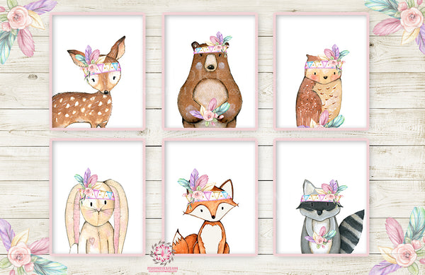6 Deer Fox Bunny Wall Art Print Nursery Rabbit Bear Owl Raccoon Pink P ...