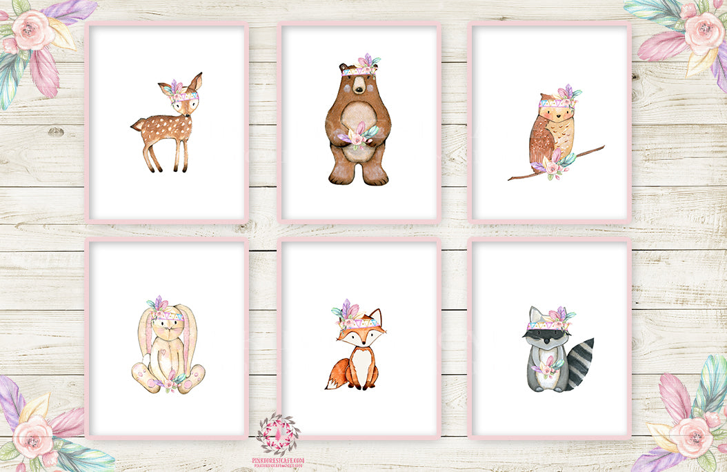 6 Deer Fox Bunny Wall Art Print Nursery Rabbit Bear Owl Raccoon Pink P ...
