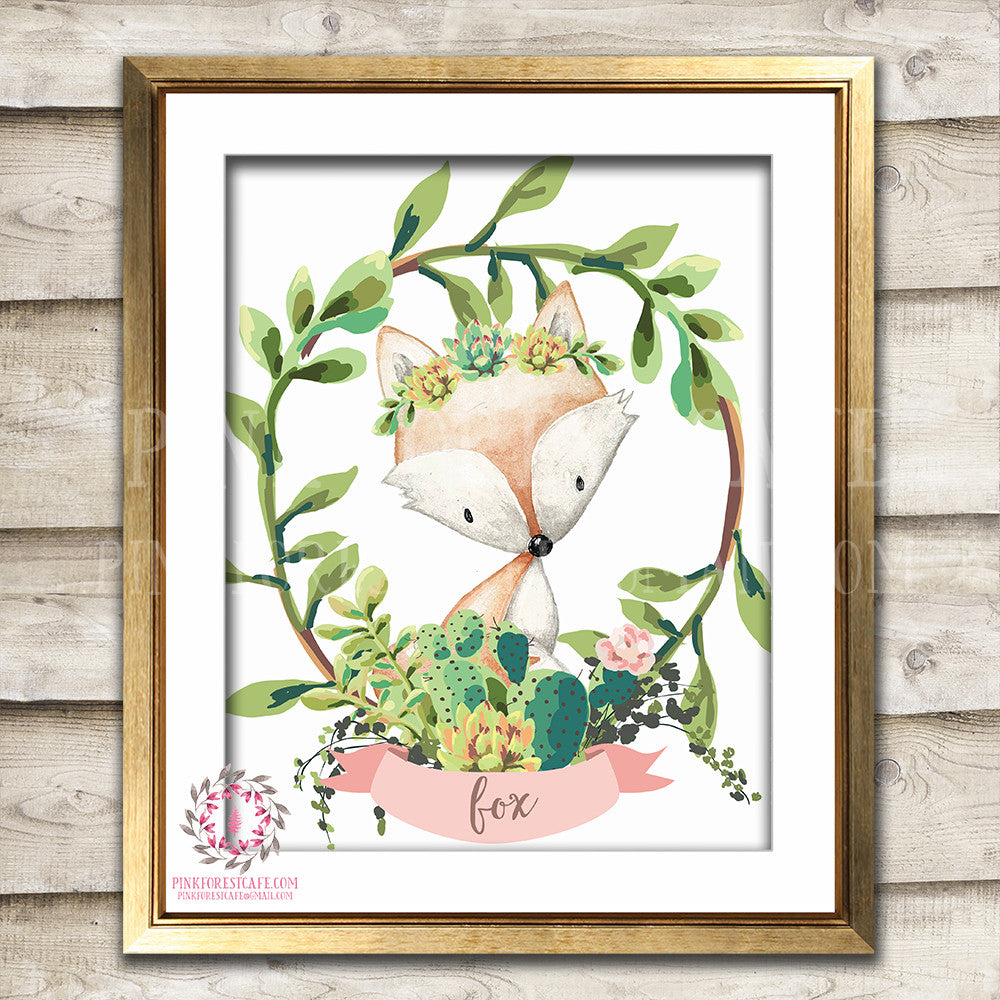 Boho Cactus Succulent Woodland Fox Bohemian Nursery Baby Girl Room Pri –  Pink Forest Cafe
