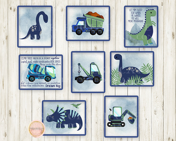 Dinosaur Construction Truck Wall Art Print Boy Nursery Room Set