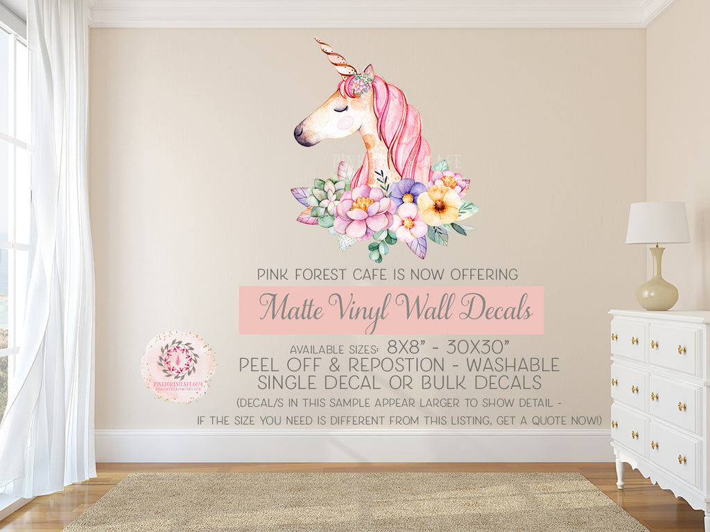 Boho Unicorn Watercolor Floral Wall Decal Sticker Matte Vinyl Baby Nursery Art Decor