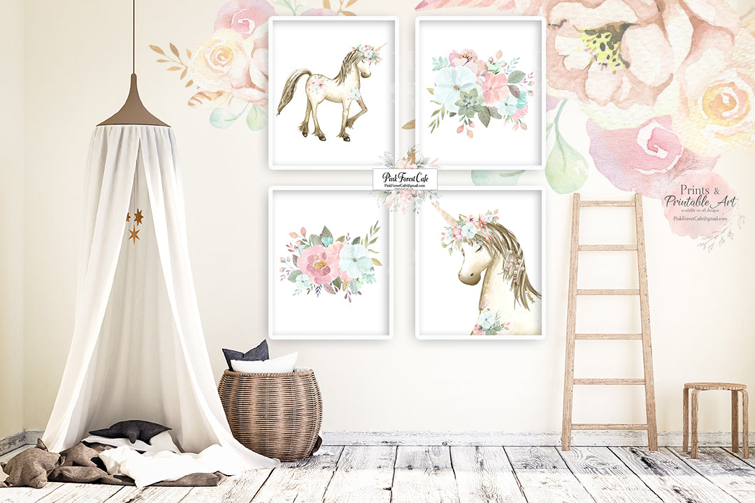 4 Boho Blush Unicorn Wall Art Print Baby Girl Nursery Ethereal Pink Mi ...
