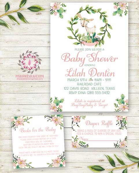 Cactus Succulent Woodland Deer Invite Invitation Baby Shower Diaper Raffle Book Cards Thank You Note Boho Floral Watercolor Birthday Party Printable