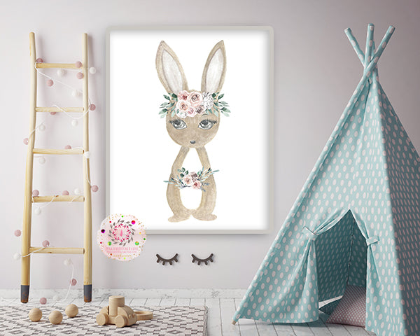 Bunny Rabbit Woodland Wall Art Print Watercolor Baby Girl Blush Nurser ...