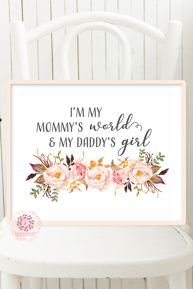 Mommy's World Daddy's Boho Wall Art Print Baby Girl Nursery Watercolor Printable Decor