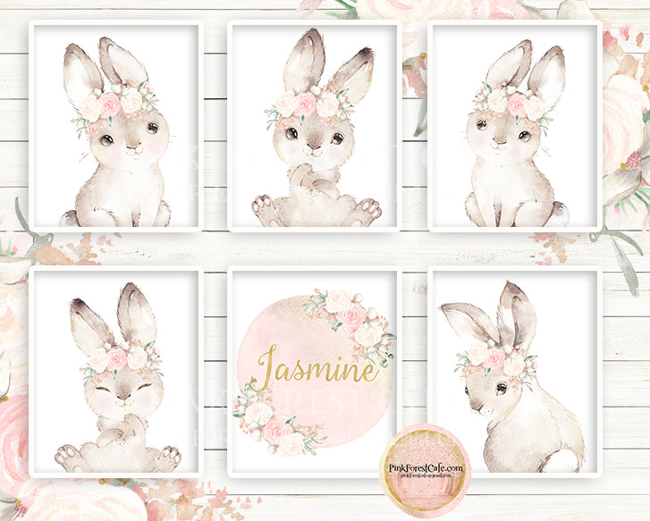 Boho Bunny Rabbit Wall Art Print Woodland Blush Cream Nursery Baby G