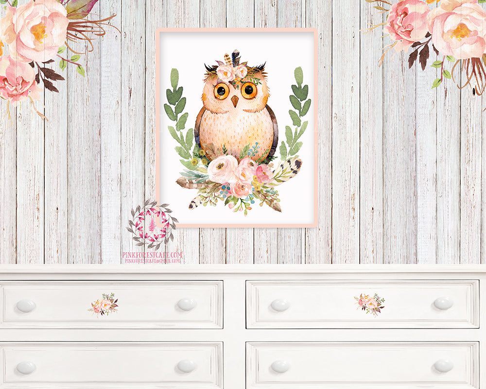 Owl Tribal Boho Woodland Deer Printable Wall Art Print Feather Woodlan ...