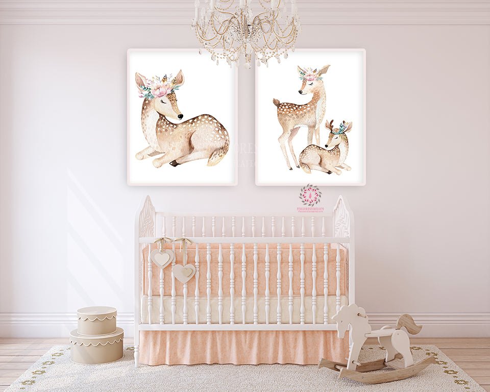 2 Boho Deer Wall Art Print Fawn Woodland Floral Nursery Baby Girl Room ...