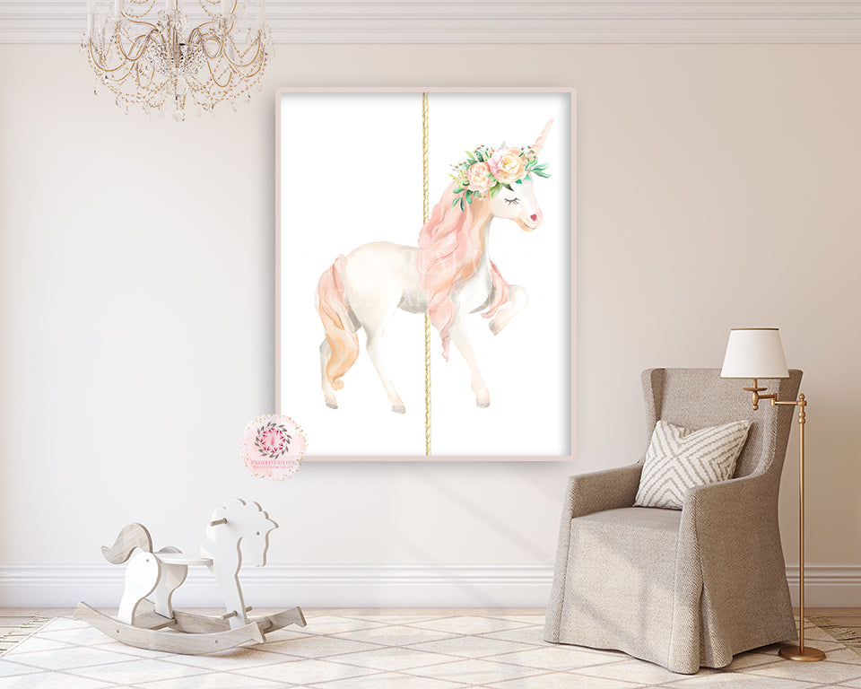Boho Bokeh Carousel Unicorn Wall Art Print Horse Baby Girl Pink Nurser