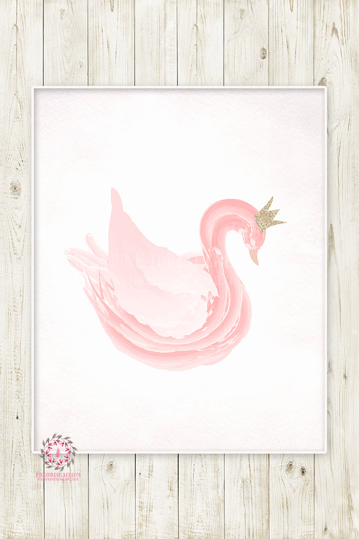 Boho Swan Pink Ethereal Nursery Wall Art Print Gold Crown Glitter Spar ...