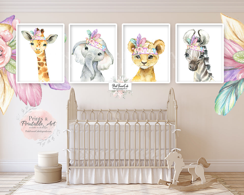 Boho Elephant Giraffe Zebra Lion Wall Art Print Feather Nursery Baby
