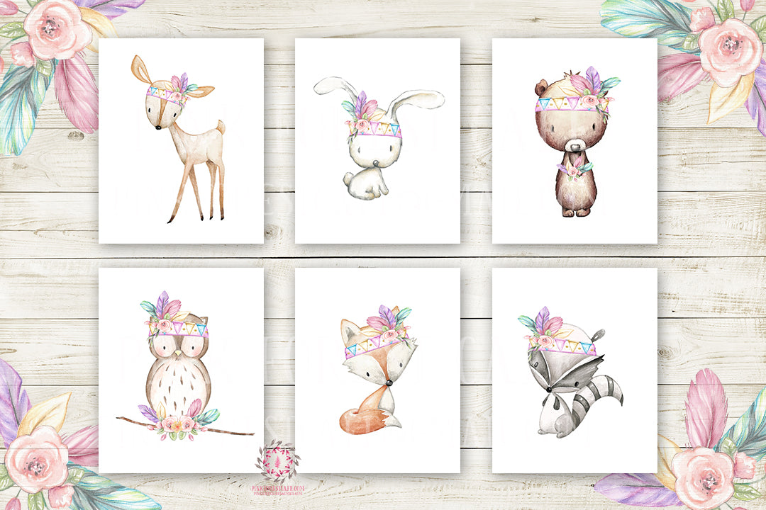 6 Deer Fox Bunny Wall Art Print Nursery Rabbit Bear Owl Raccoon Tribal ...