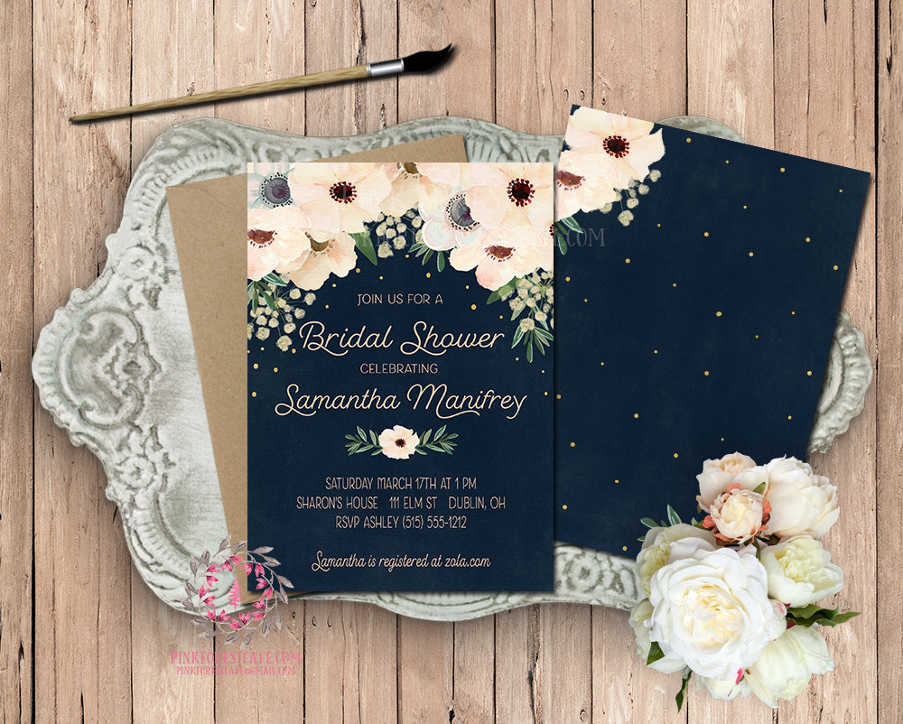 Anemone Navy Blush Gold Invite Invitation Bridal Baby Shower 2 Sided C, image size:1000x802