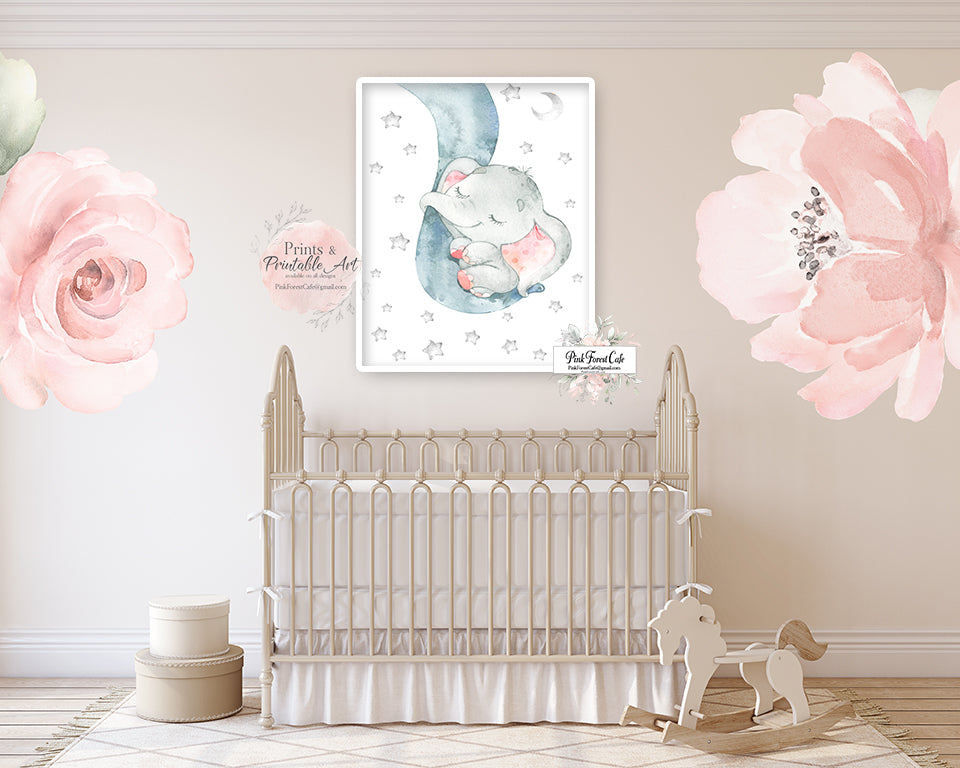 Pink Elephant Stars Moon Wall Art Print Nursery Baby Girl Room Waterco