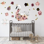 40" Boho Crown Swan + Peonies Floral Wall Decal Sticker Art Baby Nursery Dark Pink Blush Peony Decor