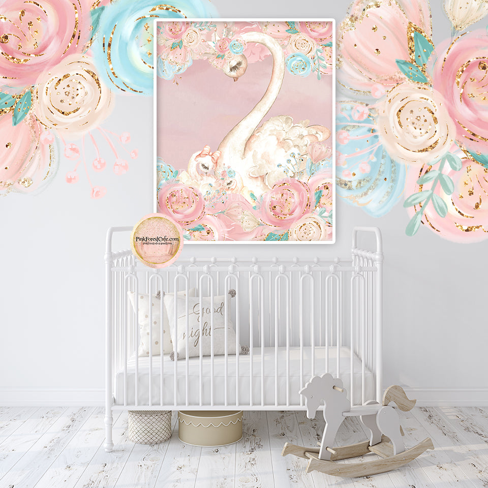 Boho Swan Baby Girl Nursery Wall Art Print Ethereal Pink Blue Gold Blu ...