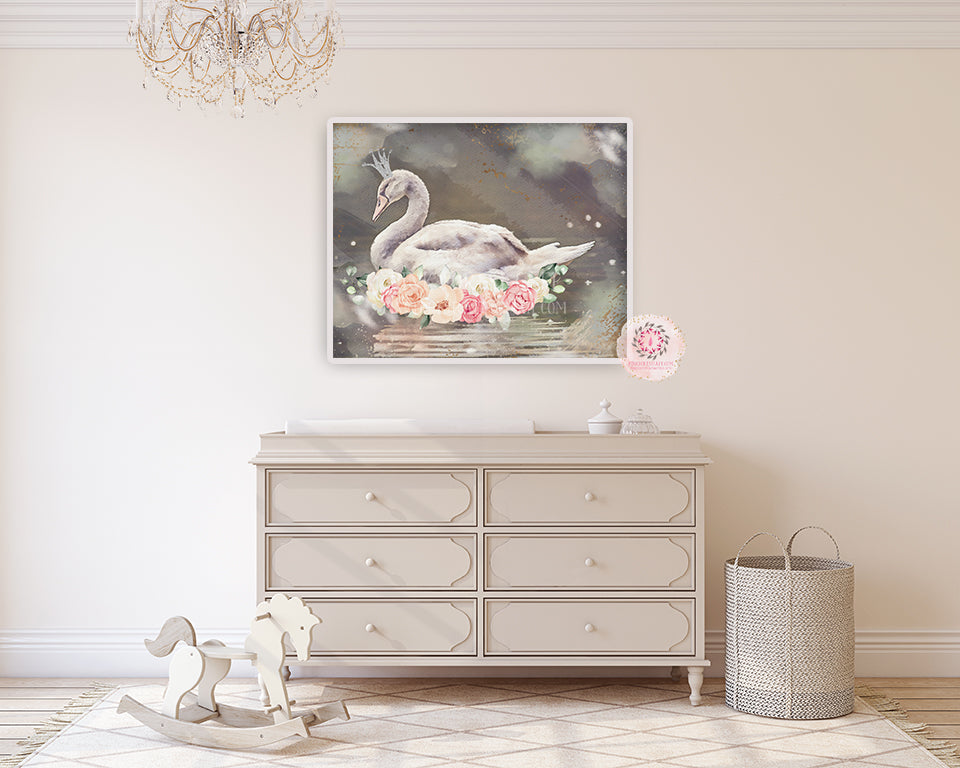 Boho Swan Baby Girl Nursery Wall Art Print Ethereal Pink Gold Peonies ...