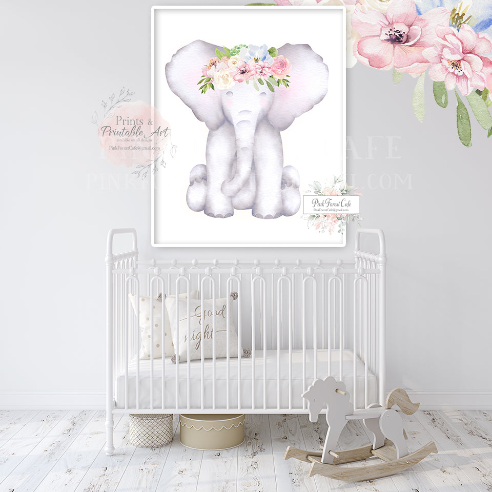 Boho Pink Blush Peony Elephant Wall Art Print Baby Girl Nursery Room F, image size:960x960