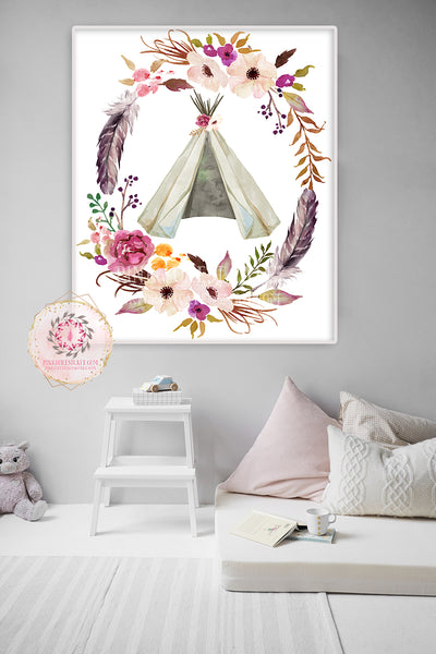 Boho Nursery Print Wall Art Teepee Feathers Watercolor Floral Baby Gir ...