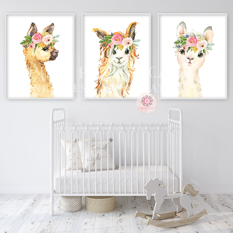 Boho Llama Alpaca Wall Art Print Nursery Baby Girl Room Bohemian Flo
