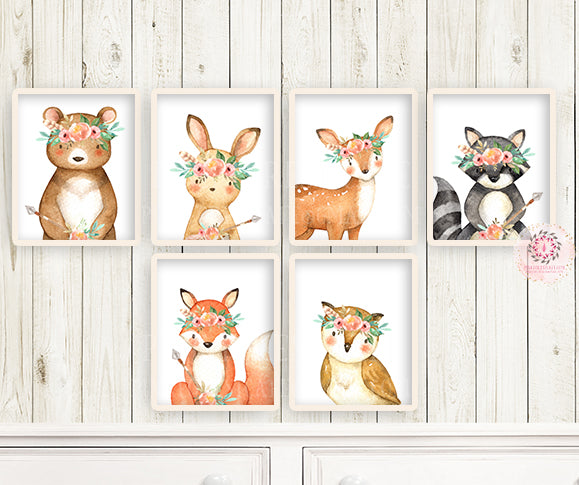 6 Boho Deer Fox Wall Art Print Woodland Nursery Baby Girl Room Set Lot ...